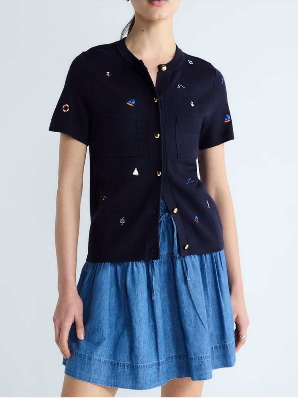 Free Assembly Navy Short-Sleeve Button Up Cardigan Sweater Nautical Embroidery